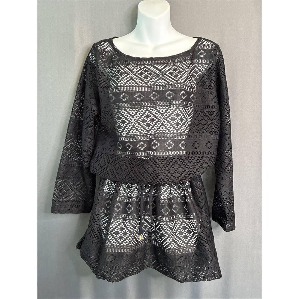 Anne Cole Swim Cover Up Black Lace Crochet Pullover Long Sleeve M/L Beach Fairy